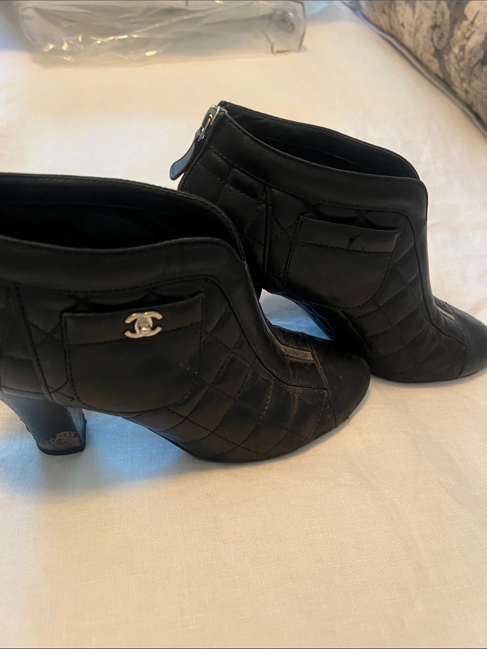 CHANEL Black Quilted Leather Ankle Booties with Silver CC Hardware